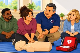 Cartoon CPR and first aid training scene.