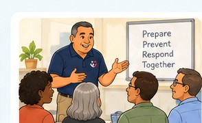 Cartoon illustration of a small community safety workshop.