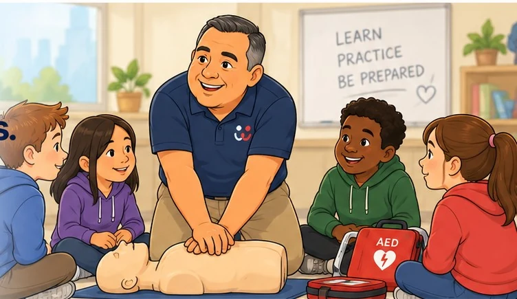 Cartoon illustration of a clean-shaven middle-aged Hispanic instructor leading a small-group safety class with a CPR manikin and AED trainer.